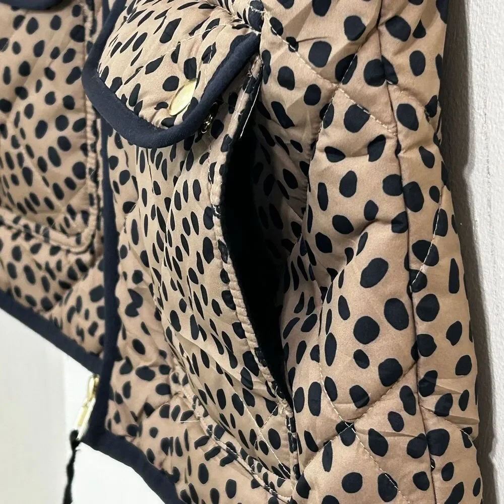 J. Crew Women's Animal Print Quilted Puffer Vest Size M Snap Pockets Zip Clouser